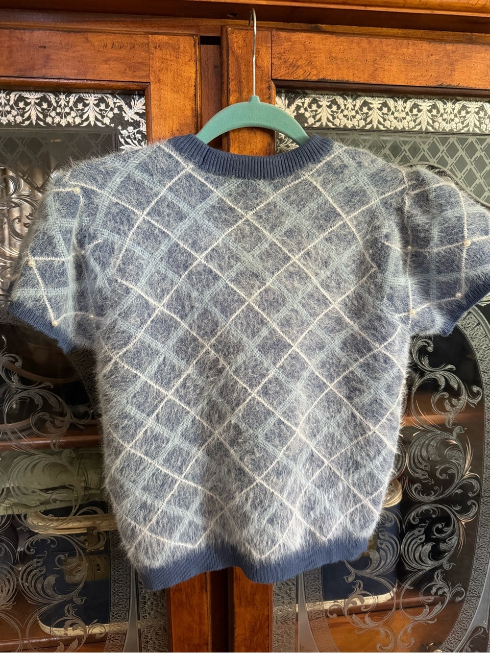 Women's Light Blue Argyle Crewneck Sweater - Soft Knit Pullover With Pearls - Picture 2 of 8
